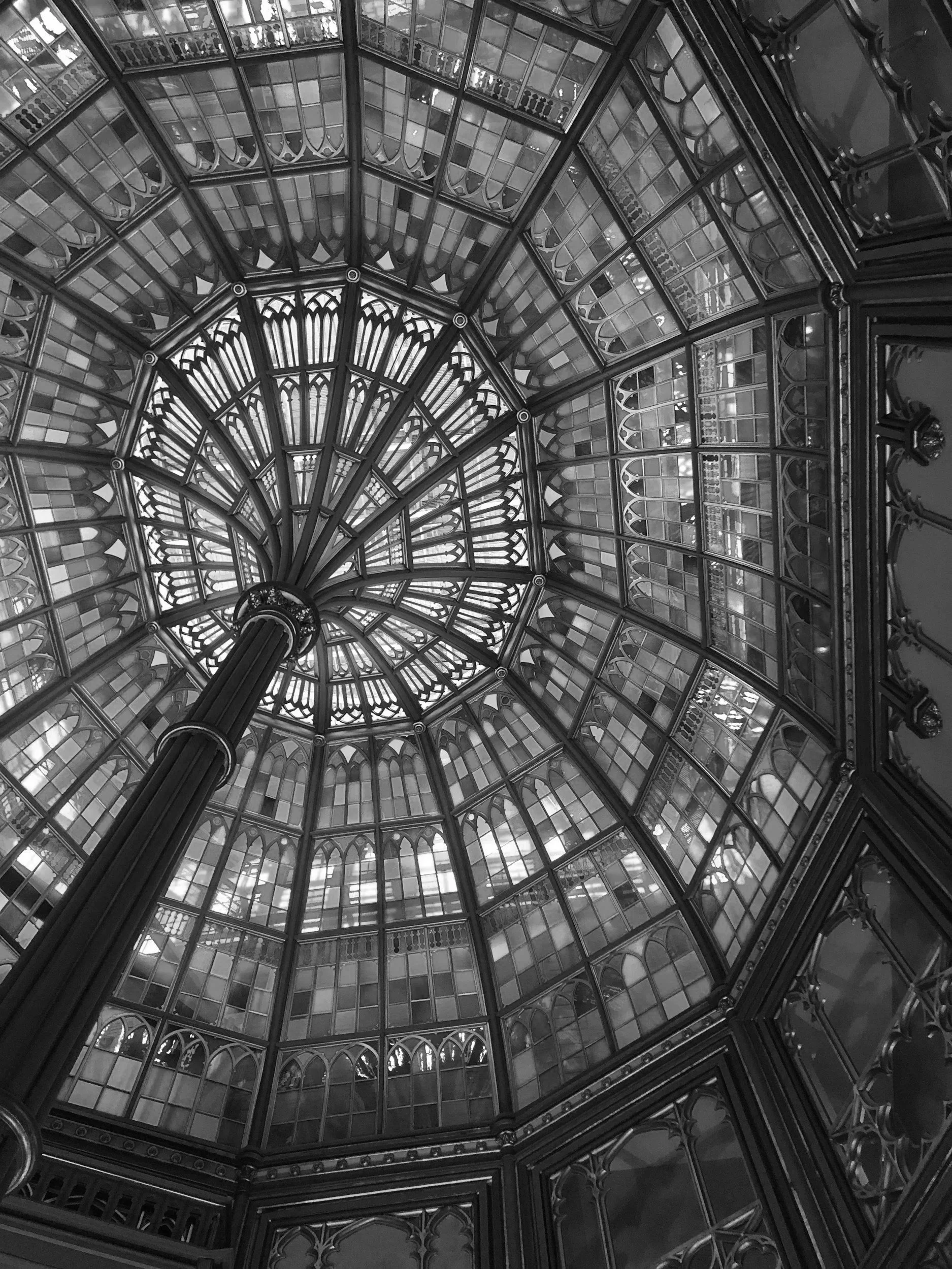 A black and white photo of an ornate glass-domed ceiling with intricate metal framework and detailed decorative elements.