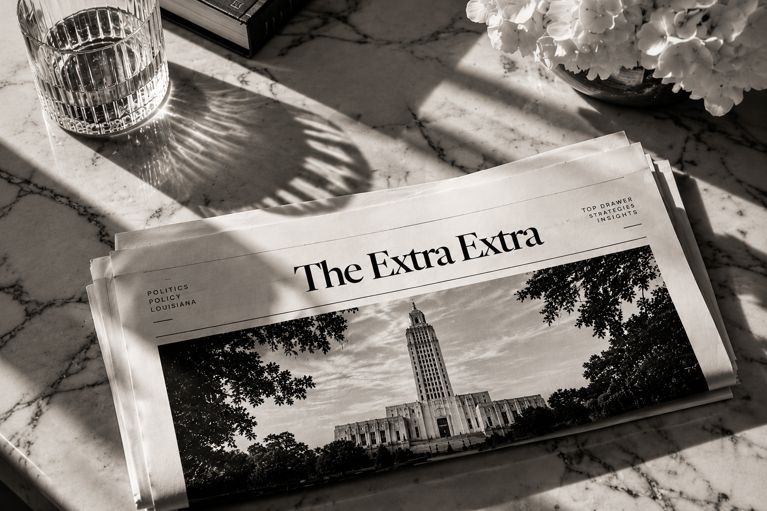 A newspaper titled 'The Extra Extra' lies on a marble table, with a glass of water, a closed book, and a vase of flowers nearby. Sunlight casts shadows across the scene.
