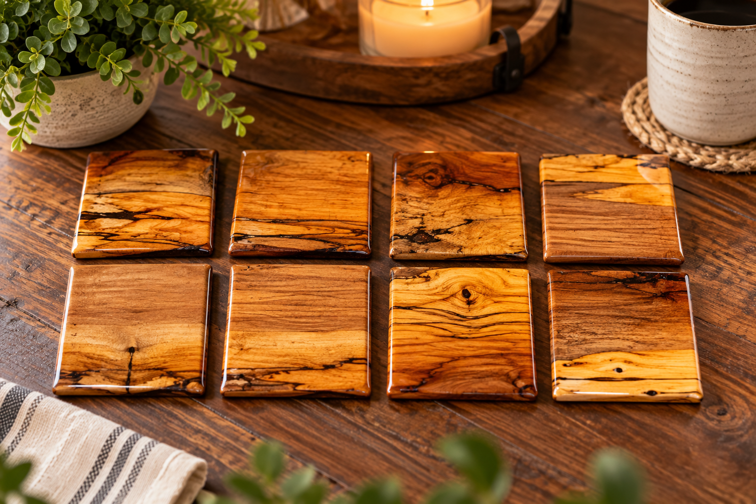 Specially made Wooden coasters finished in epoxy resin. Custom wood burned options available upon request.