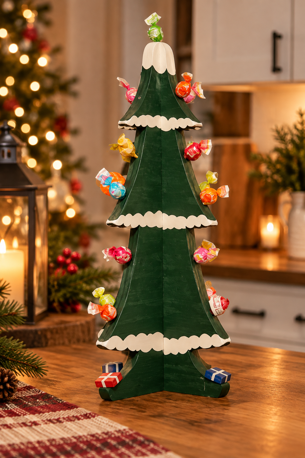 Wooden Holiday candy tree. Designed to display individually wrapped candies.