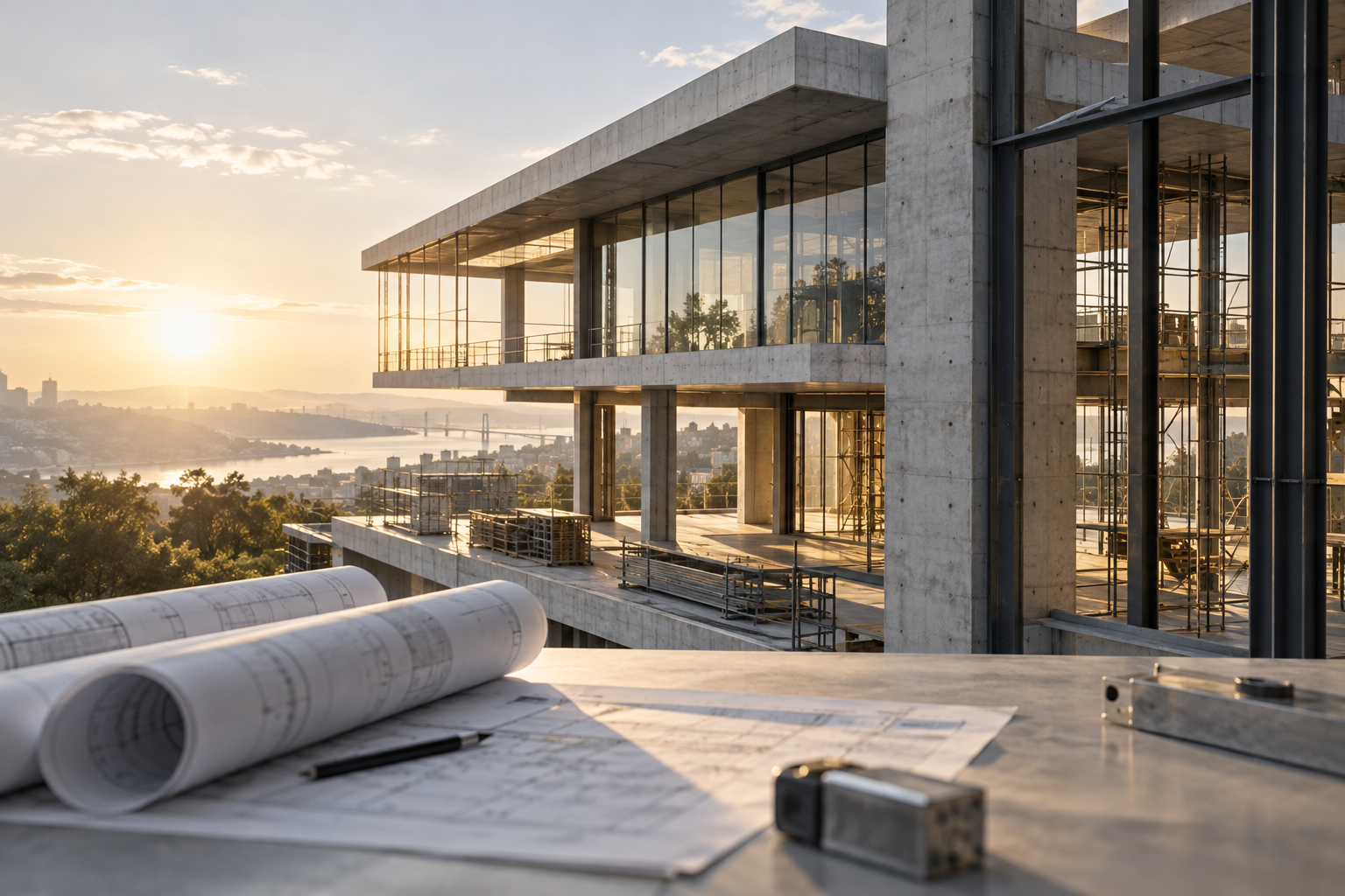 Modern betonarme ve çelik detaylı yapı ile mühendislik proje çizimleri