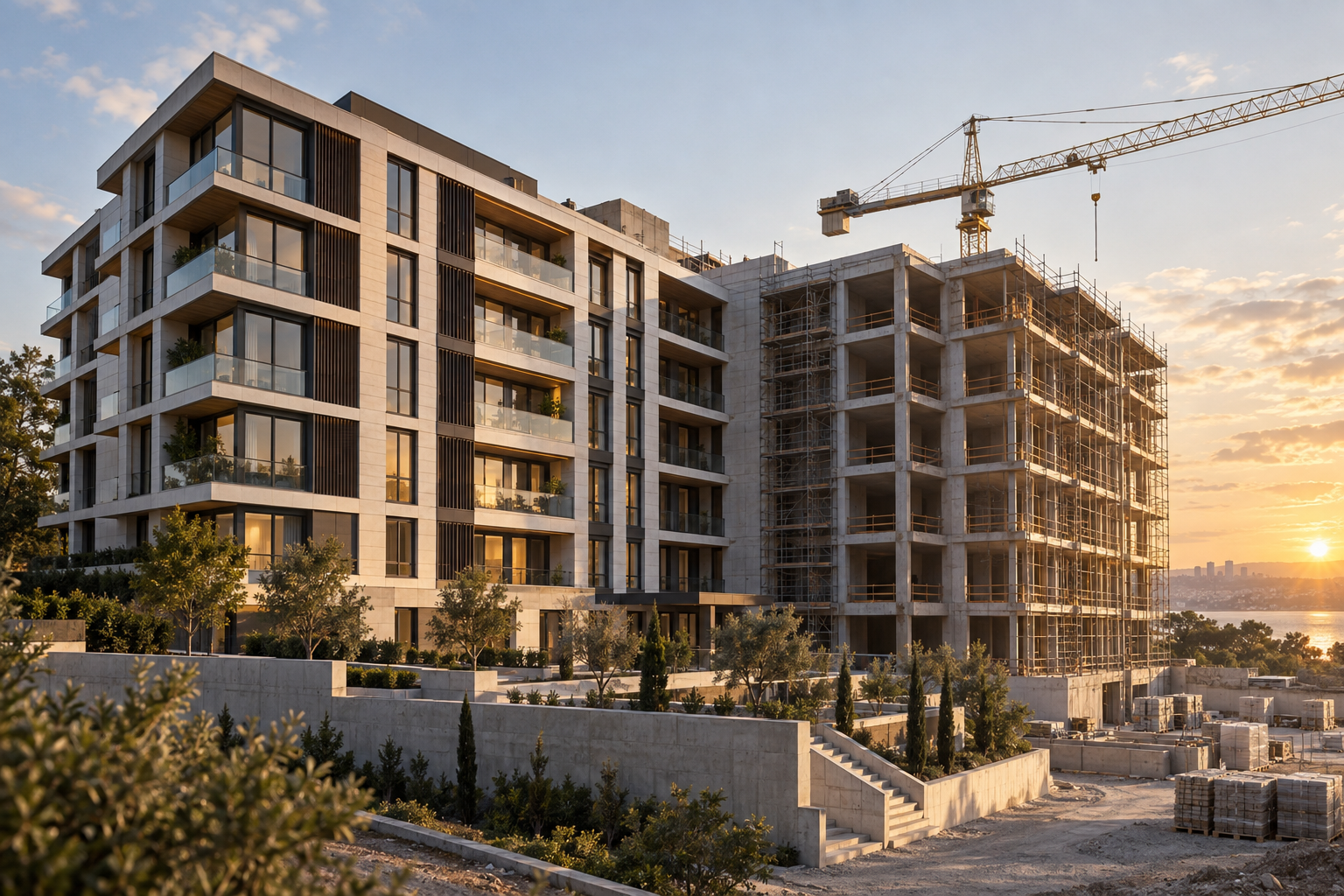 Modern konut yapısında betonarme inşaat, cephe uygulamaları ve şantiye vinci