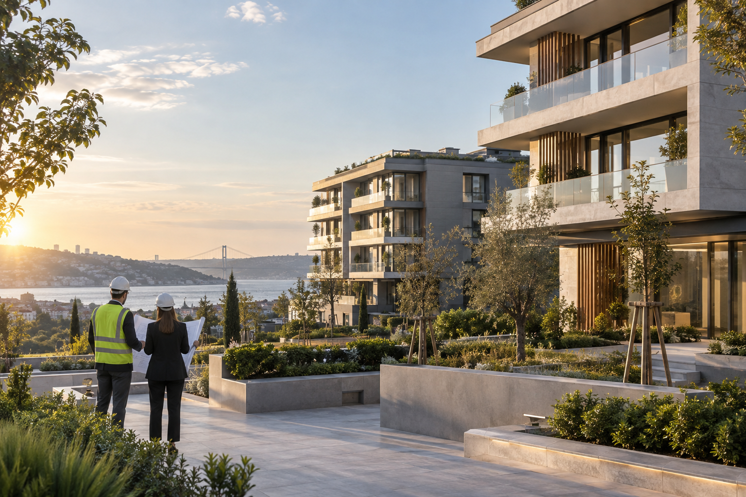 Modern mimari projeyi yerinde değerlendiren mühendis ve mimar