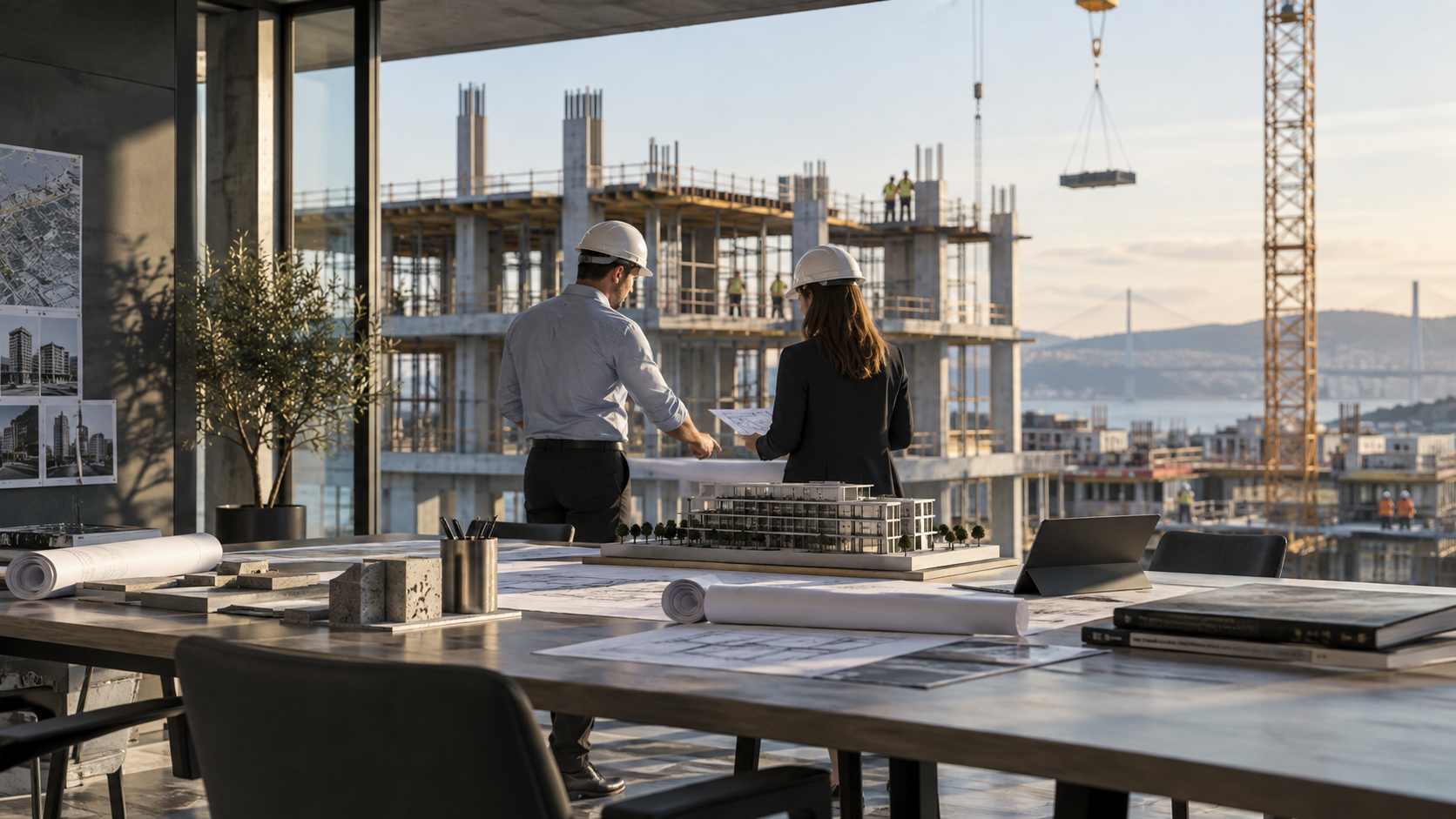 Proje çizimleri ve yapı modelini inceleyen mühendislik ekibi