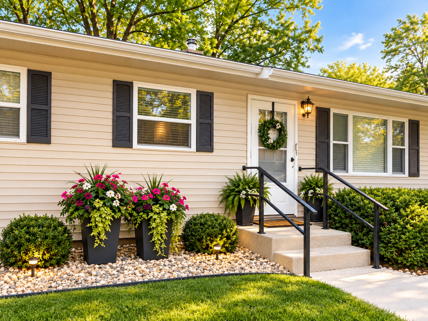 Exterior of Vital Care Comfort Home, with potted plants, a green wreath hanging from the door, and the front porch light on