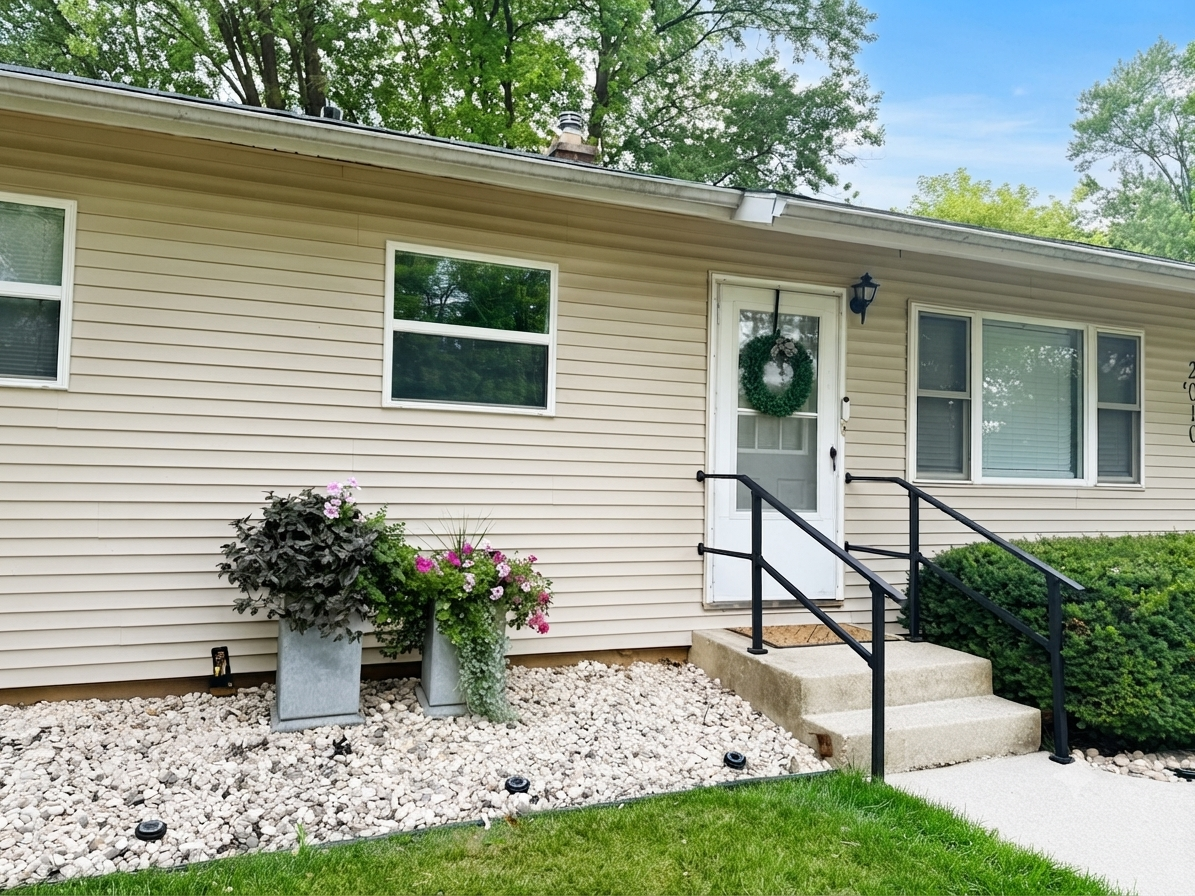 Front entrance of Vital Care Comfort Home with beige siding, three windows, black railing stairs, a white door with a wreath, two flower pots with purple and green plants, and a lawn with rocks.