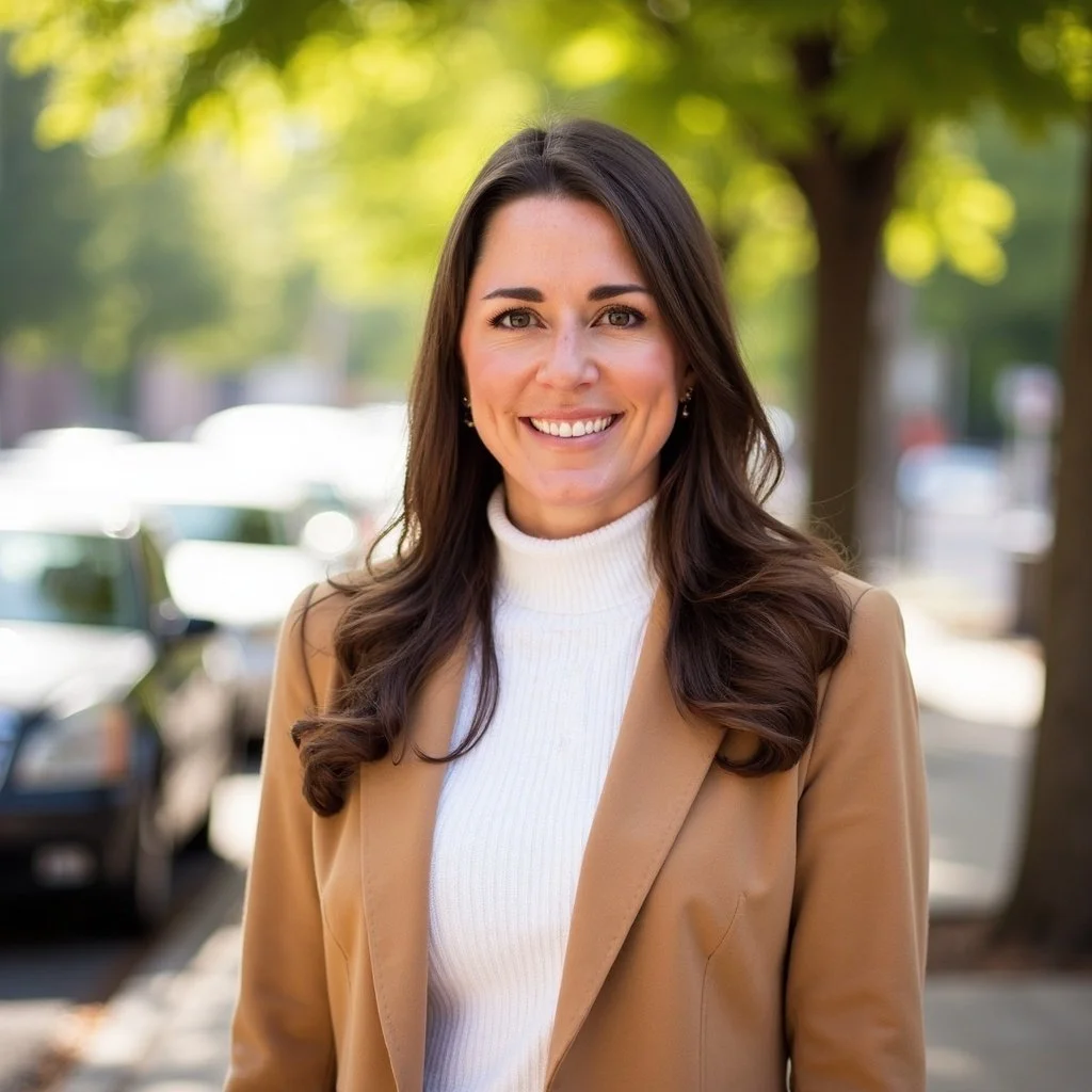 A smiling woman with long dark hair wearing a tan blazer and white turtleneck standing outdoors with trees and parked cars in the background.