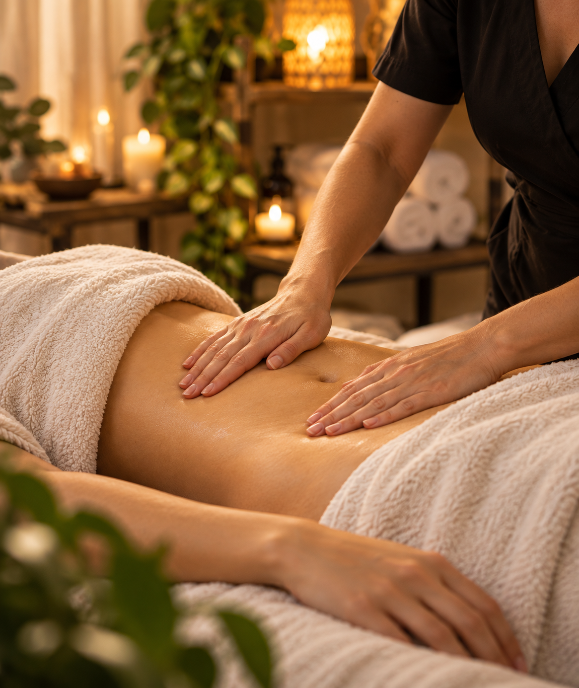 A person receiving a massage in a relaxing spa setting with candles and towels visible in the background.