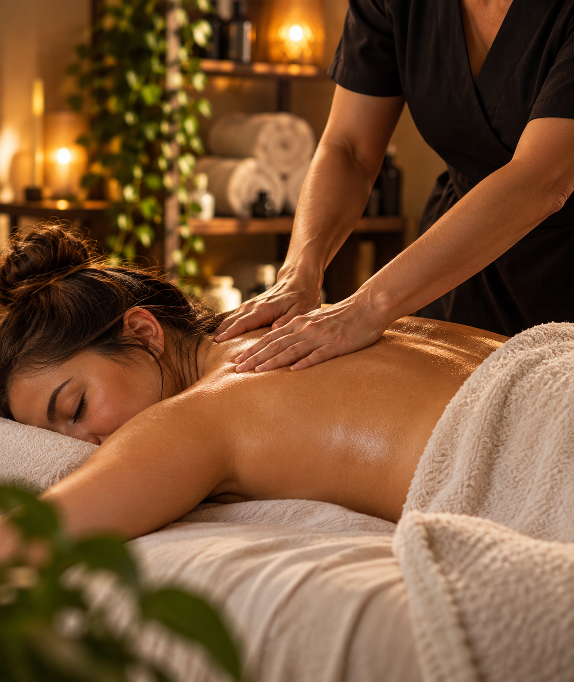 A woman receiving a massage in a spa room with warm lighting and relaxing decor.