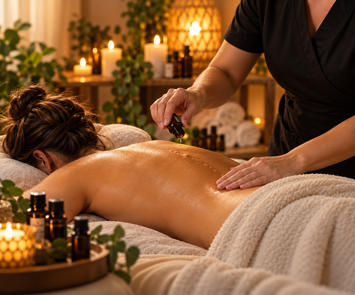 A person receives a massage with essential oils in a spa setting decorated with candles and plants.