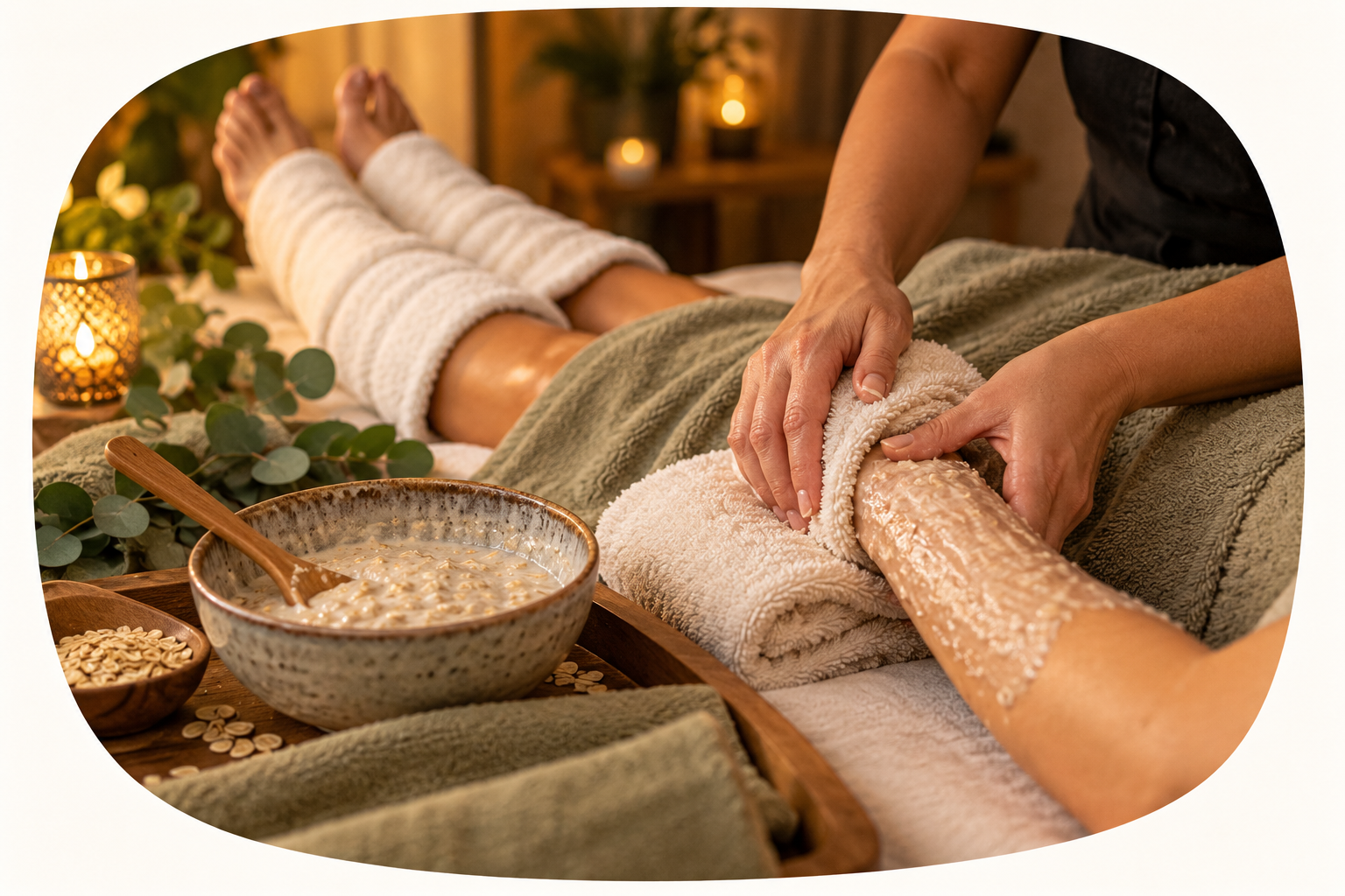 A person giving a hot stone massage to a client lying on a massage table. The client is covered with a towel, and their legs are wrapped in a robe. There is a bowl of oatmeal and some oats on a tray in the foreground, with lit candles and greenery in the background creating a relaxing atmosphere.
