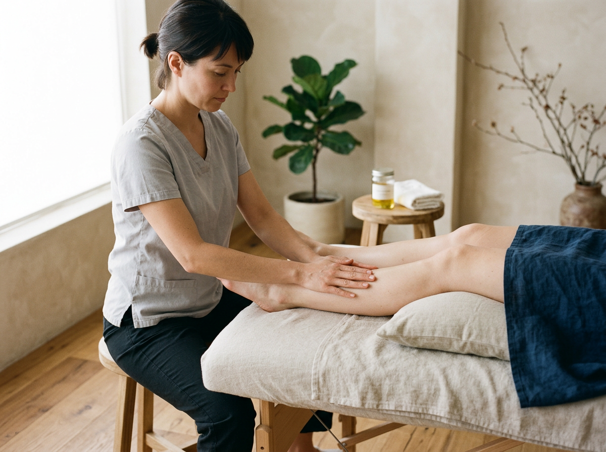 Massage therapist providing leg massage in a relaxing treatment room with natural light and plants
