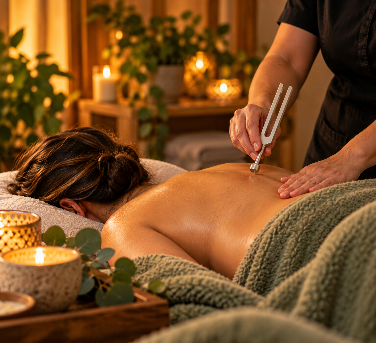 Person receiving a massage with a tuning fork on their back in a spa setting with candles and plants.