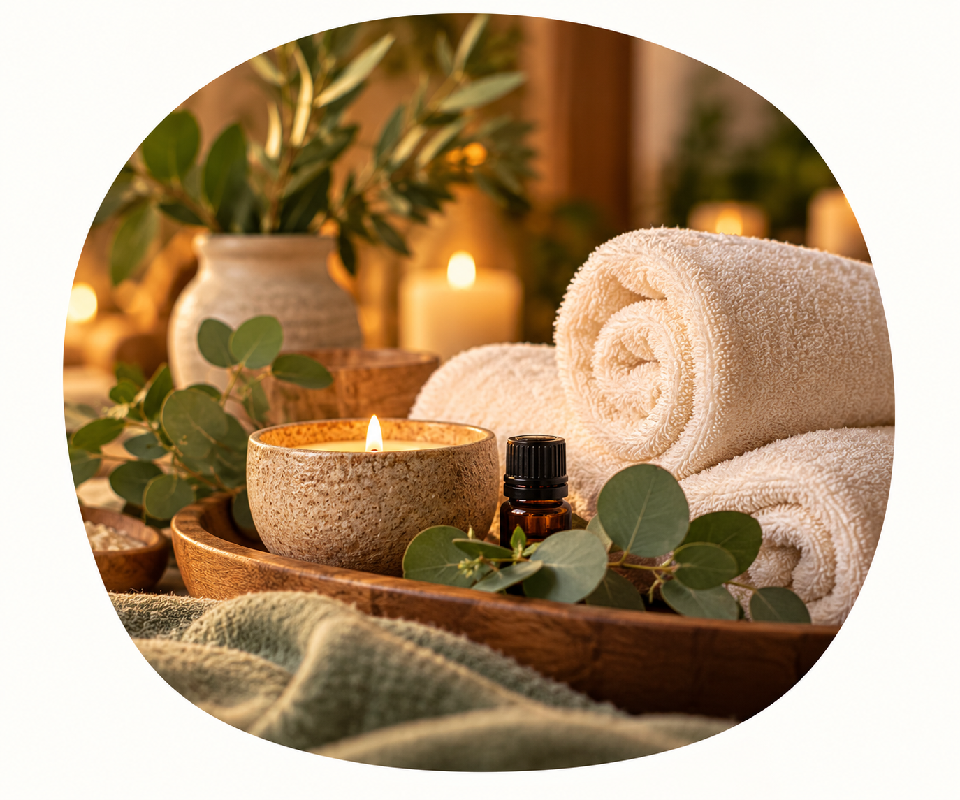 Spa setting with rolled towels, a lit candle, greenery, and essential oils on a wooden tray.