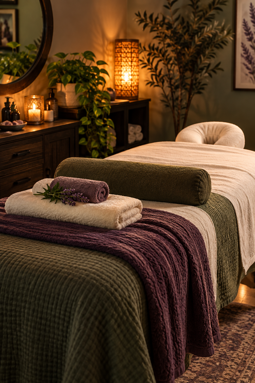 A cozy massage therapy room with a massage table covered in layered blankets in green, white, and purple, with a rolled towel and lavender sprig on top. The room has warm lighting from candles and a lamp, plants, a round mirror, and framed botanical art.