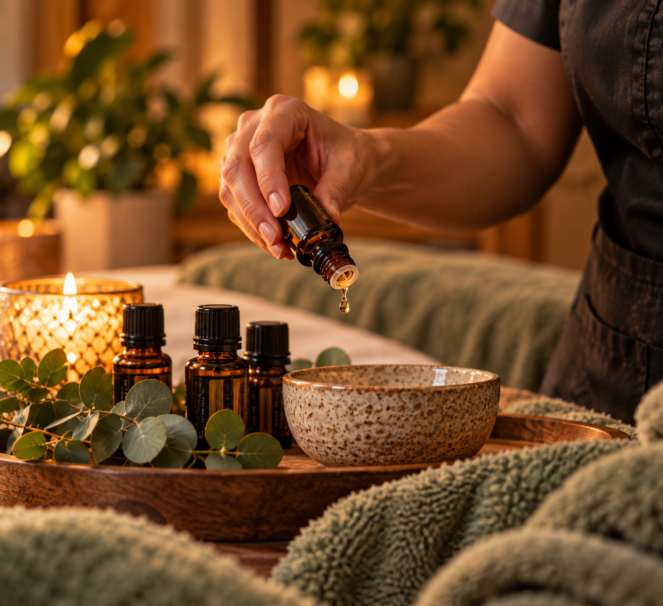 A person is pouring essential oil from a small amber bottle into a larger speckled bowl on a wooden tray, surrounded by additional amber bottles and eucalyptus leaves in a cozy, warmly lit setting.