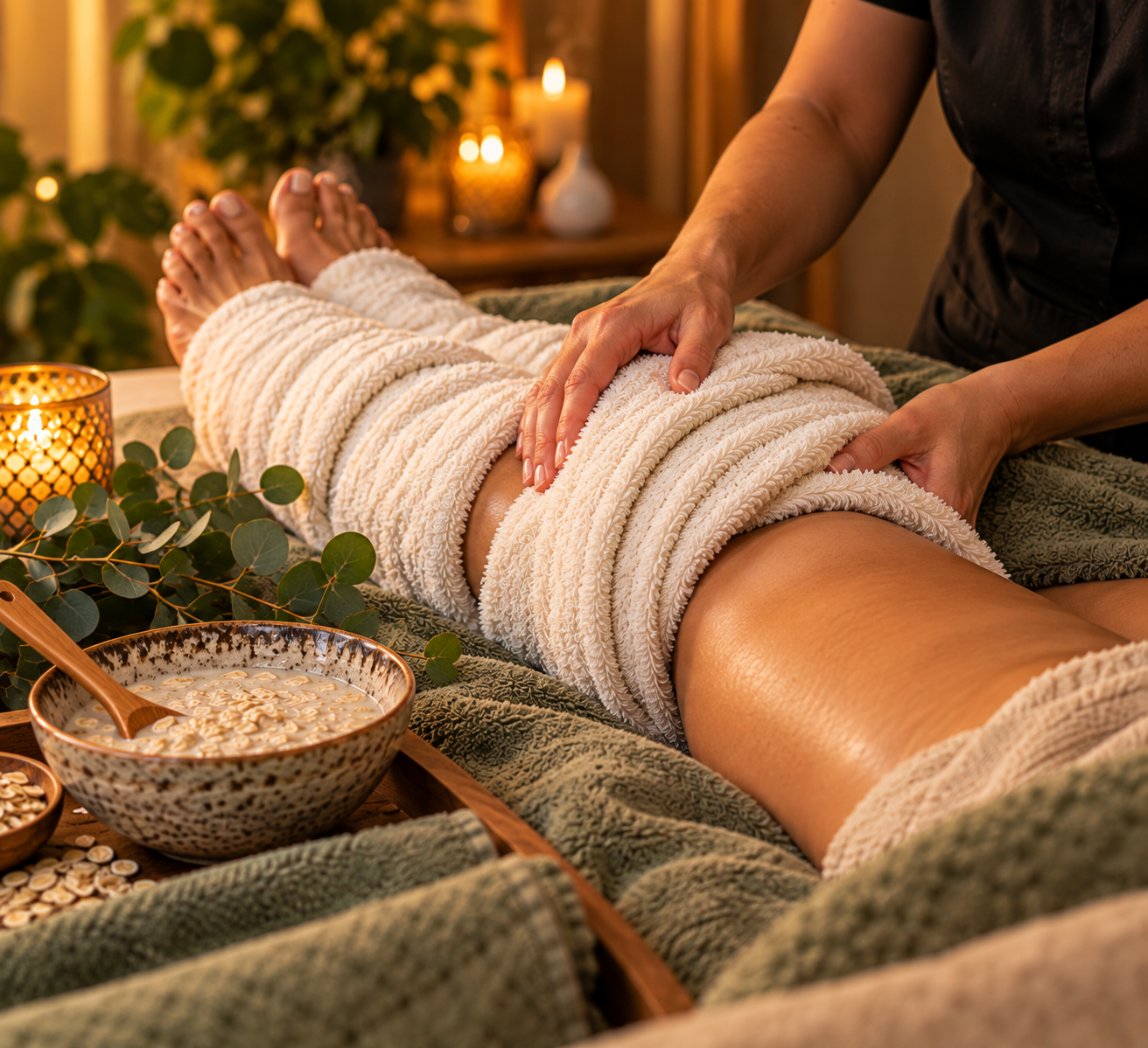 Person receiving a massage in a cozy spa setting with candles, greenery, and a bowl of oatmeal on the table.