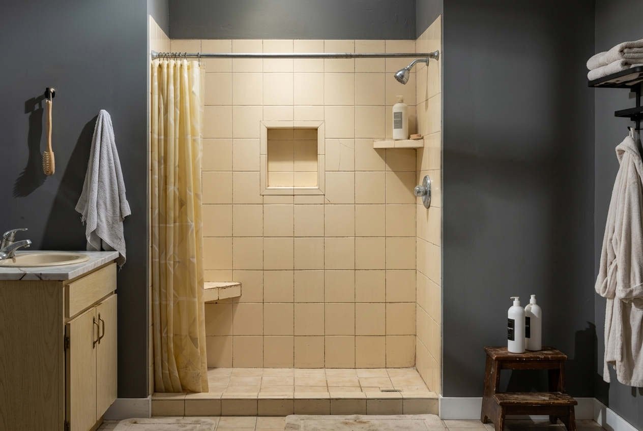 Before: tan tile shower with a recessed niche and a curtain