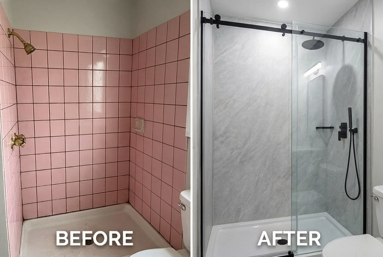 Shower update: old tile shower replaced with a walk-in glass shower and marble-look wall panels