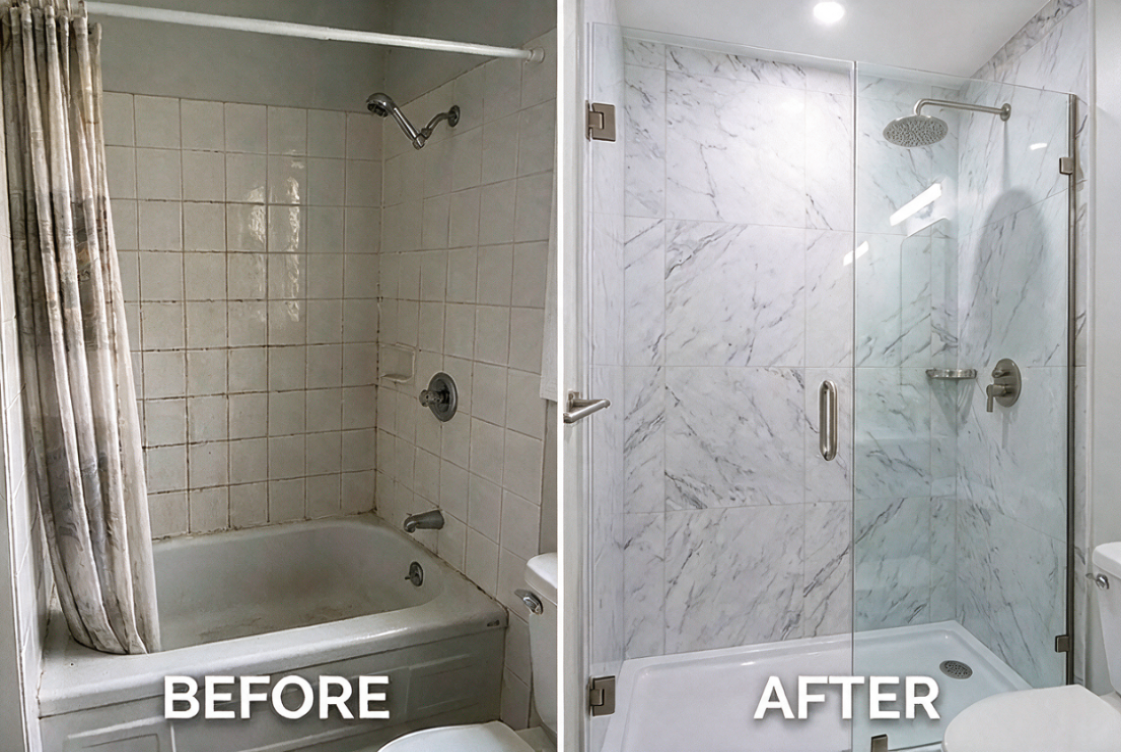 Tub-to-shower conversion: bathtub with a curtain replaced by a walk-in glass shower