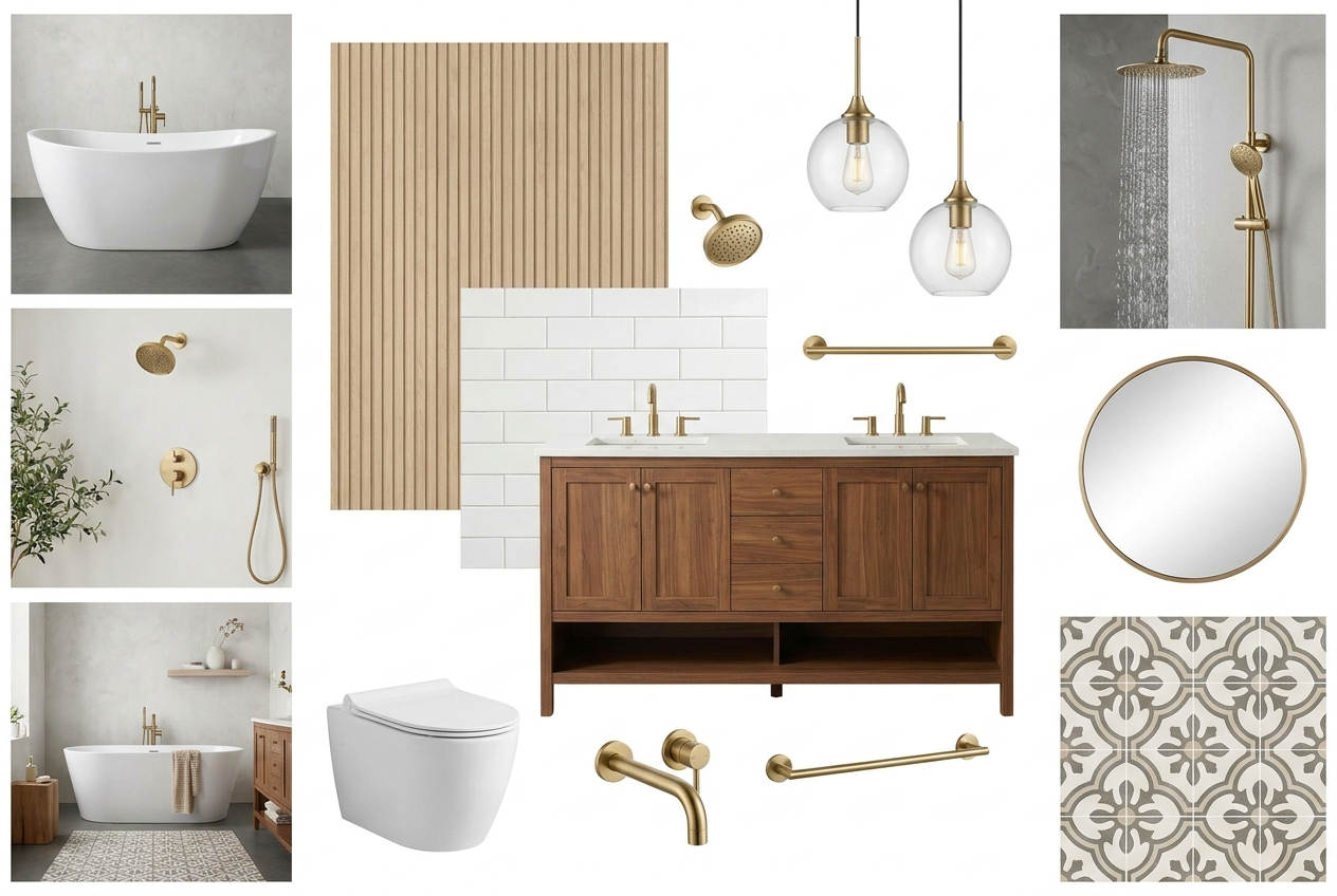 Full bathroom remodel design board with a freestanding tub, wood vanity, brass fixtures and tile samples