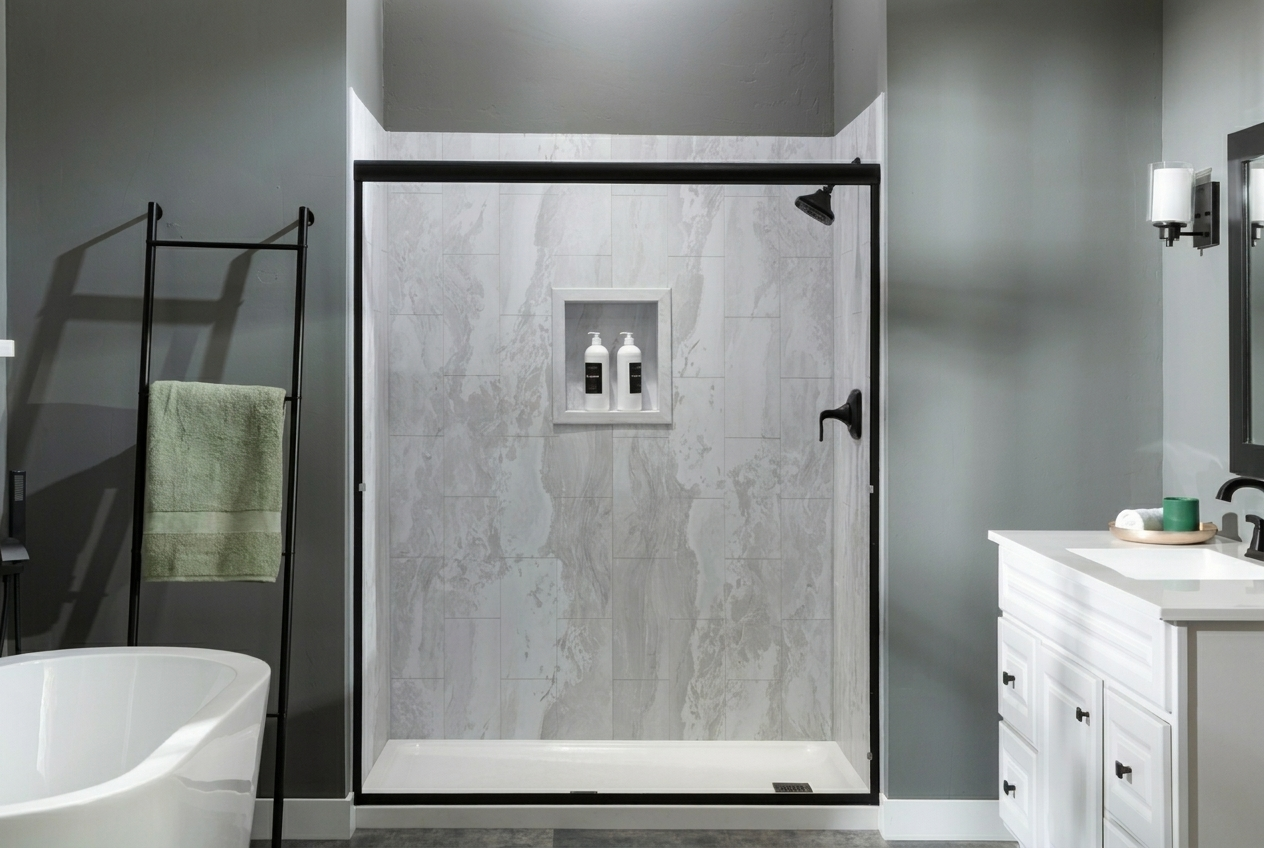 Gray walls, niche, white vanity:
Tub-to-shower conversion with gray marble-look grout-free wall panels, a built-in niche and a black-framed glass door
