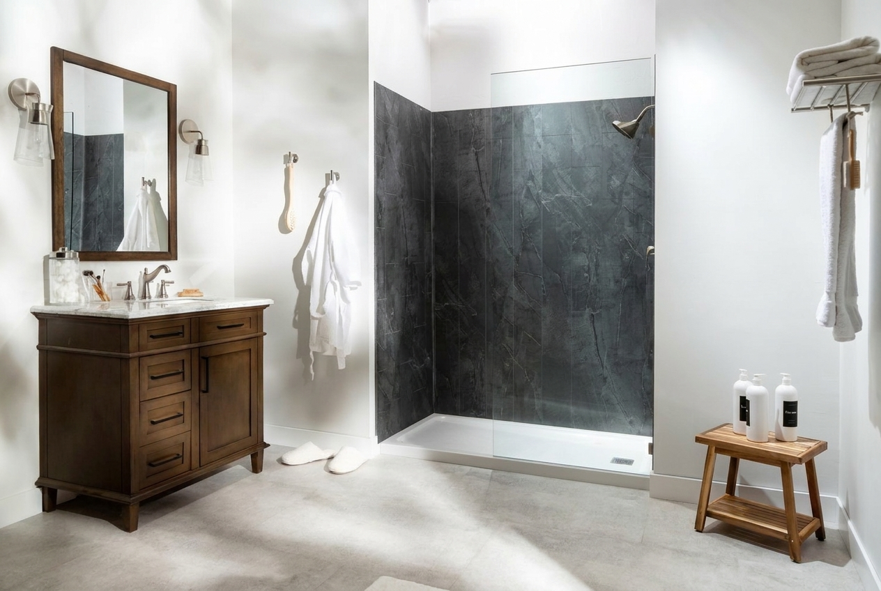 After: shower with dark stone-look wall panels and a glass enclosure