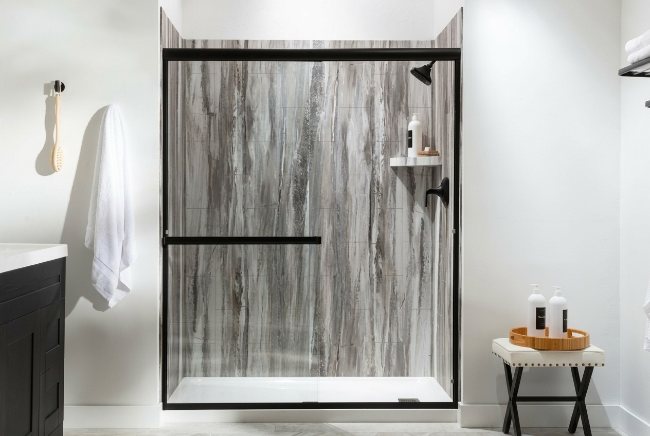 Gray stone-look shower, black sliding door:
Walk-in shower remodel in West Hartford, CT with gray woodgrain-look waterproof wall panels and a black-framed sliding glass door