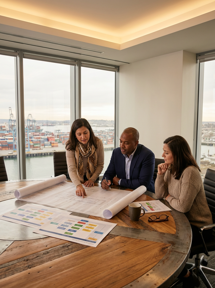 Tres personas en una reunión de trabajo discuten planos o diagramas en una sala de reuniones con vista al puerto.