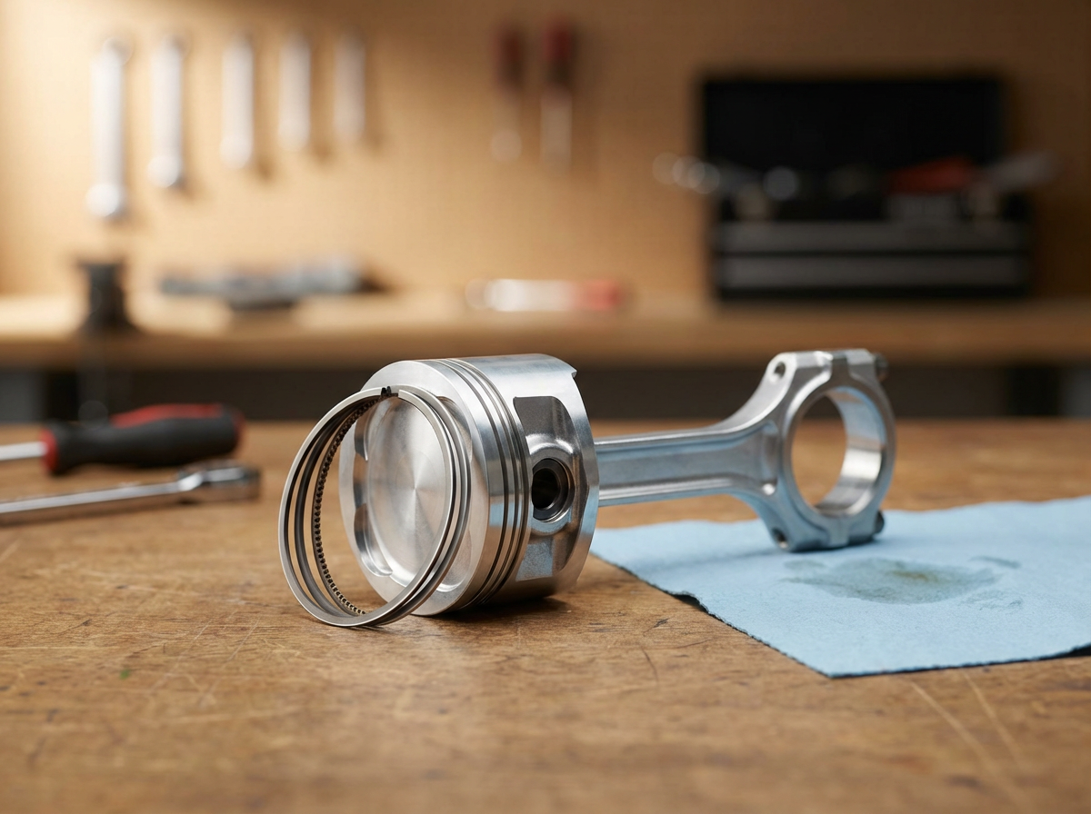 Válvula de motor de automóvil y anillo de pistón en mesa de trabajo