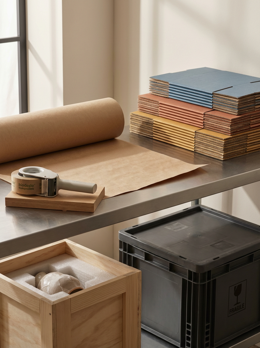 Mesa de trabajo con enrolladora de papel kraft, varias cajas de archivos y una caja de madera con una pieza de cerámica, en un ambiente de oficina o estudio.