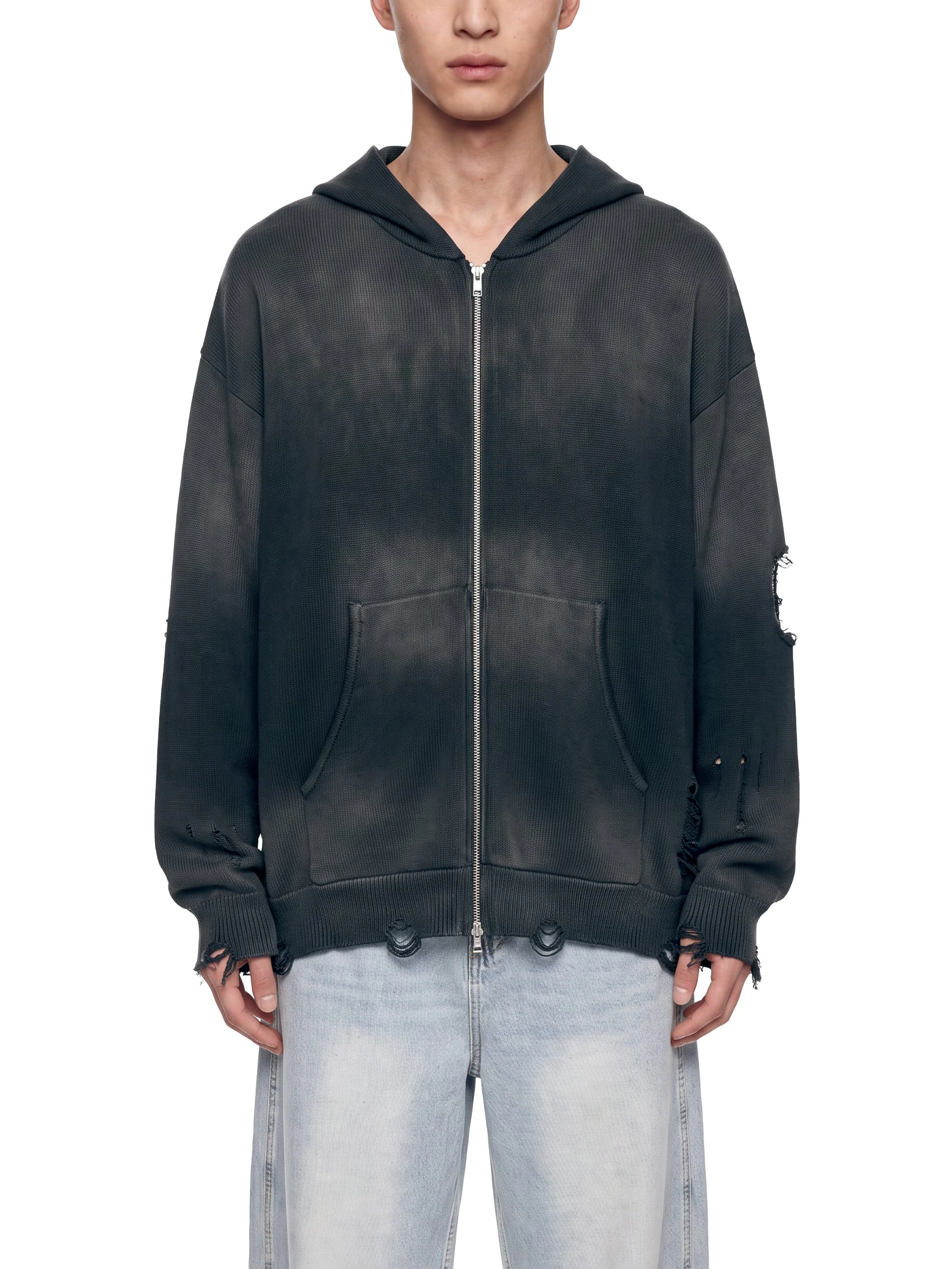 Distressed Full Zip Sweater