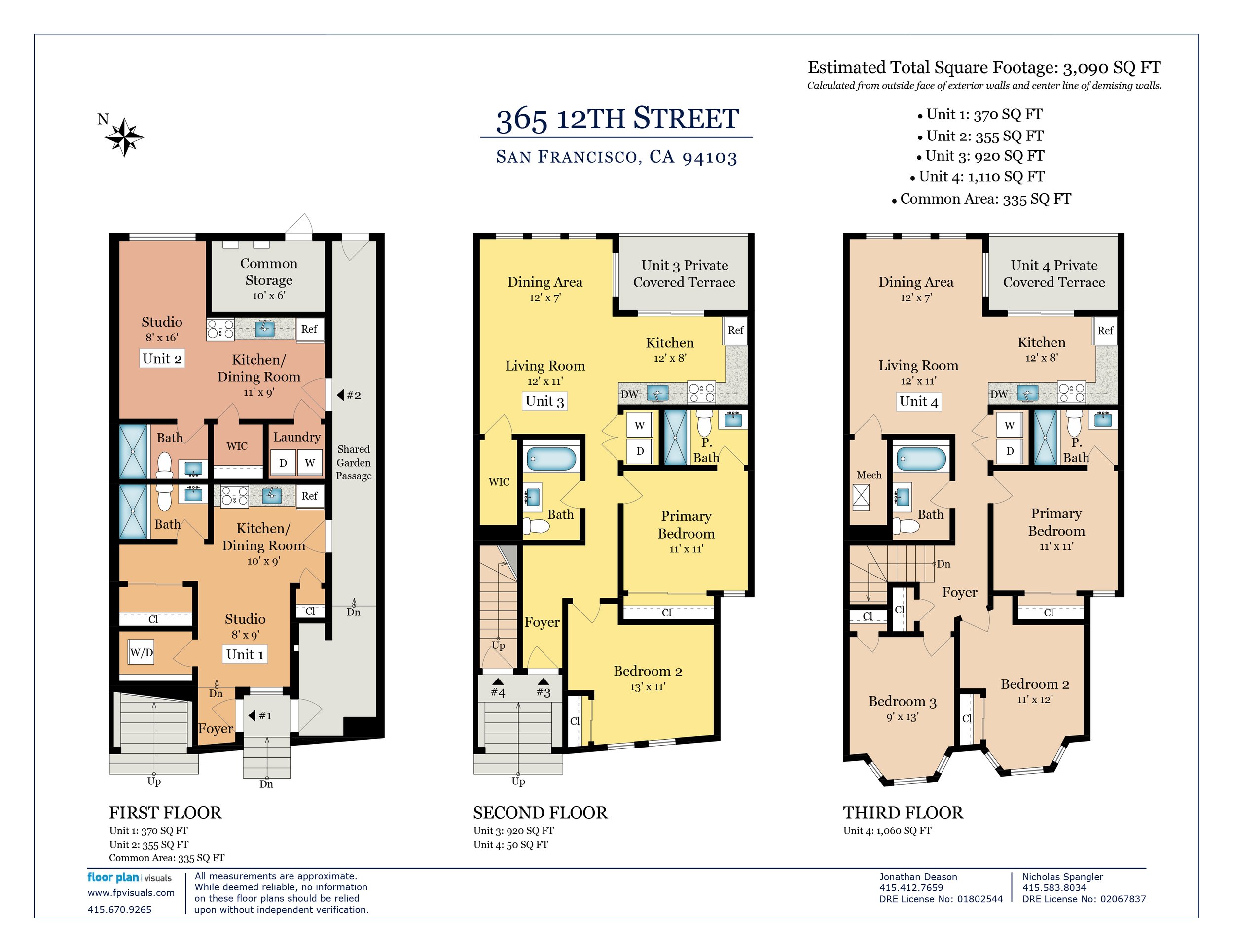 Floor plan of a multi-story building with detailed layouts for three floors, including rooms labeled as bedrooms, bathrooms, kitchens, living rooms, storage, and other areas, along with measurements and unit information.