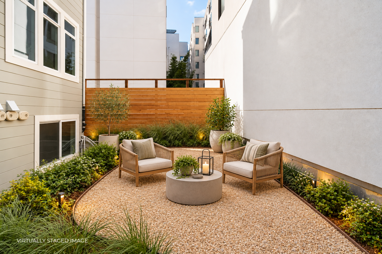 Small outdoor patio with two wooden armchairs with cushions, a round concrete table with candles and potted plants, surrounded by green plants and flowers, enclosed by beige and white walls and a wooden privacy fence, under clear blue sky.