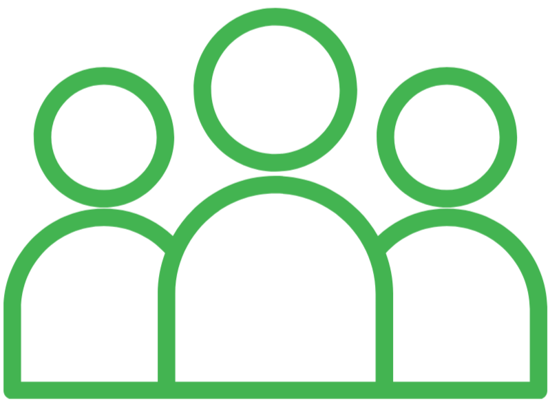 Outline of three people in green, with one person in the center and two others on sides.
