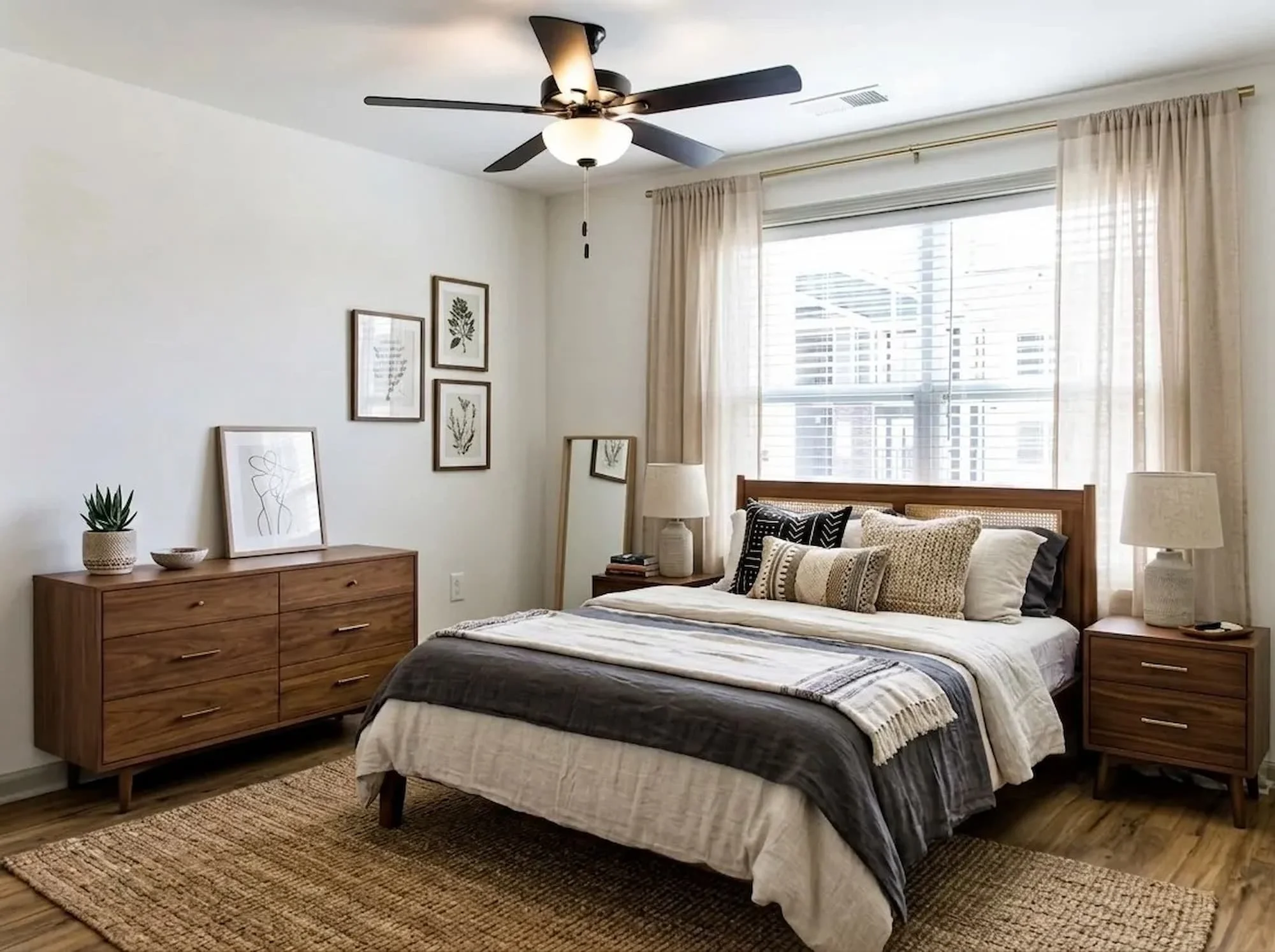 An apartment bedroom featuring a wooden bed frame with striped bedding, a matching wooden dresser, and a nightstand. The room has a large window with sheer curtains, a ceiling fan with a light, and a striped area rug on wooden flooring.