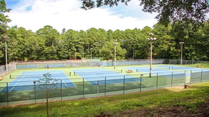 Multiple tennis courts with blue and green surfaces, surrounded by a chain-link fence, and tall lighting poles set amid a green landscape with trees in the background near Birch & Branch in Raleigh.