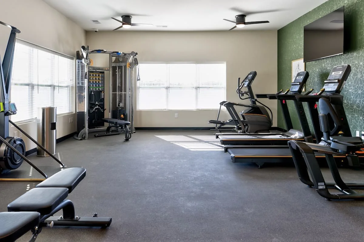 Empty fitness room at Birch & Branch Apartments with workout equipment including treadmills, elliptical machines, a weight machine, and a bench, with large windows letting in natural light.