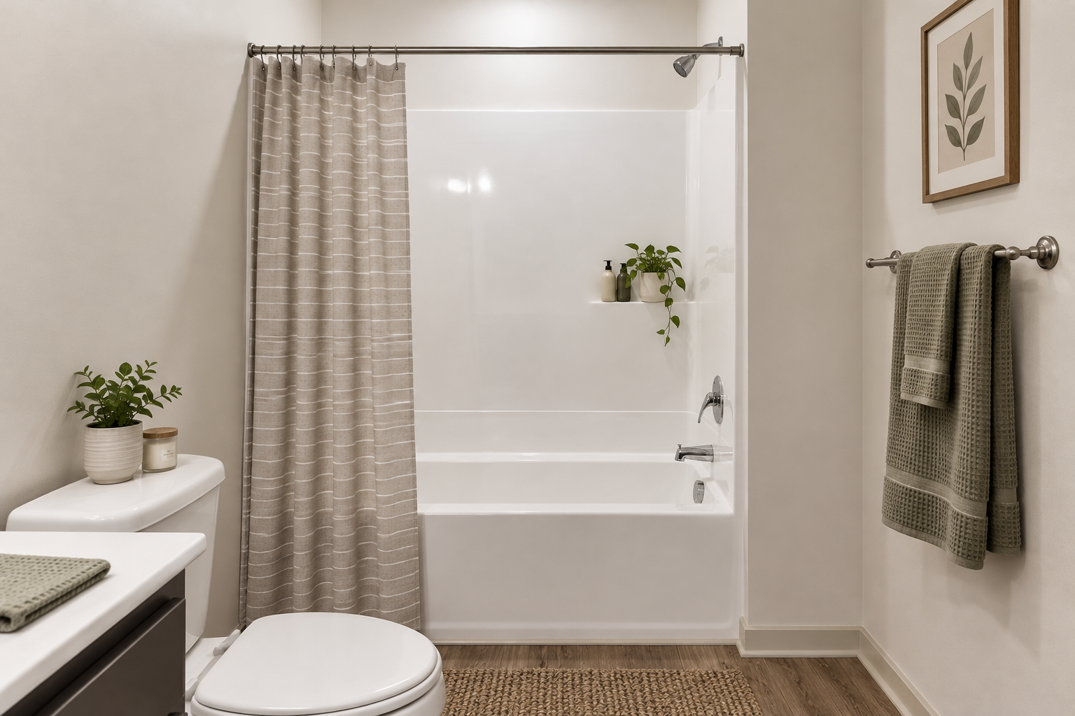 A clean, modern bathroom at Birch & Branch apartments with a white bathtub, beige shower curtain, and gray towels. Bathroom decor includes green plants and framed botanical artwork.