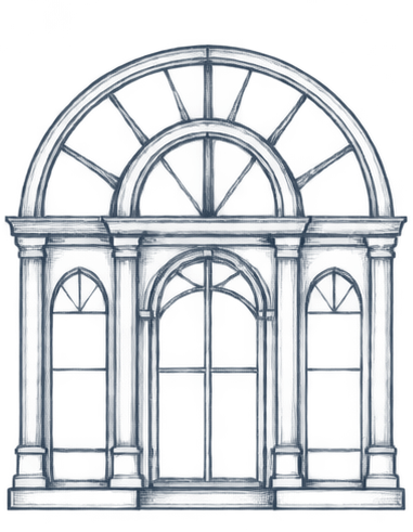 Outline of a large, ornate, arched window with decorative framework and large, rounded central opening.