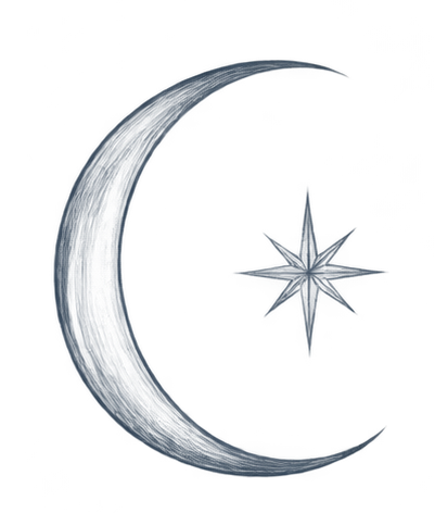 A dark blue crescent moon with a star inside it on a black background.