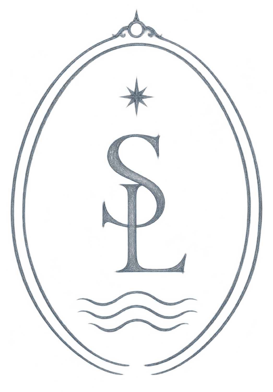 A metallic emblem featuring a central monogram 'SL' with an anchor, surrounded by an oval border with decorative elements and a star above the monogram.