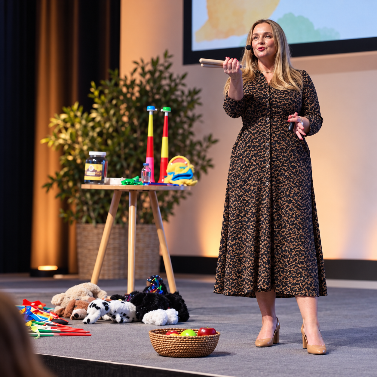Alexandra Chiorando demonstrating practical early years resources, with puppets, coloured tubes and a basket of balls nearby.