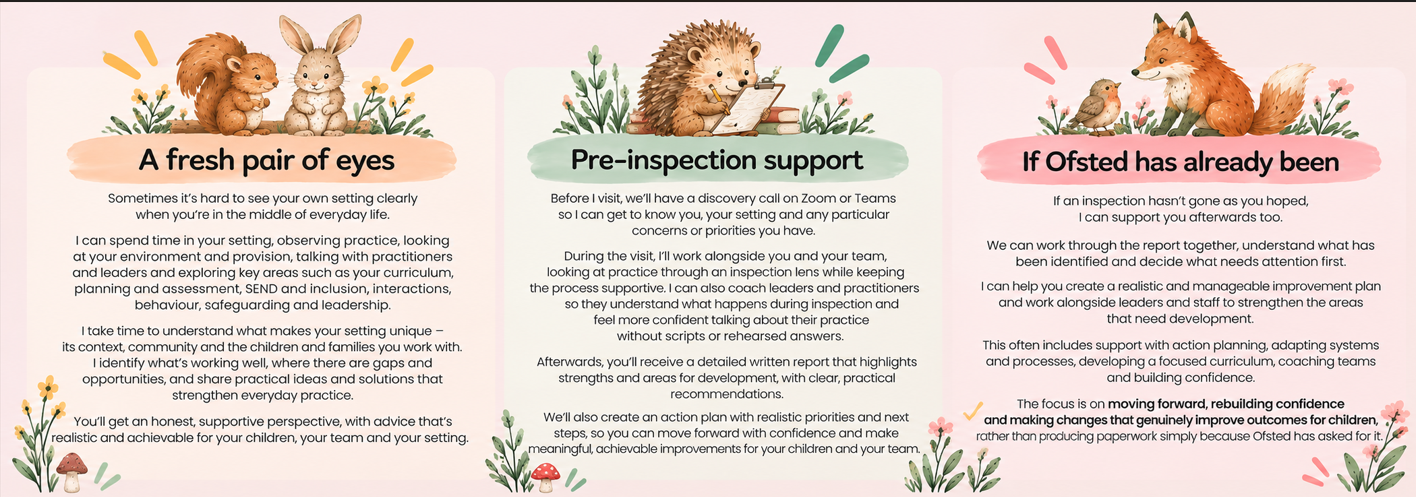 Ofsted support: a fresh pair of eyes on everyday practice, pre-inspection support with a discovery call and practical action plan, and support after inspection to strengthen practice and rebuild confidence.