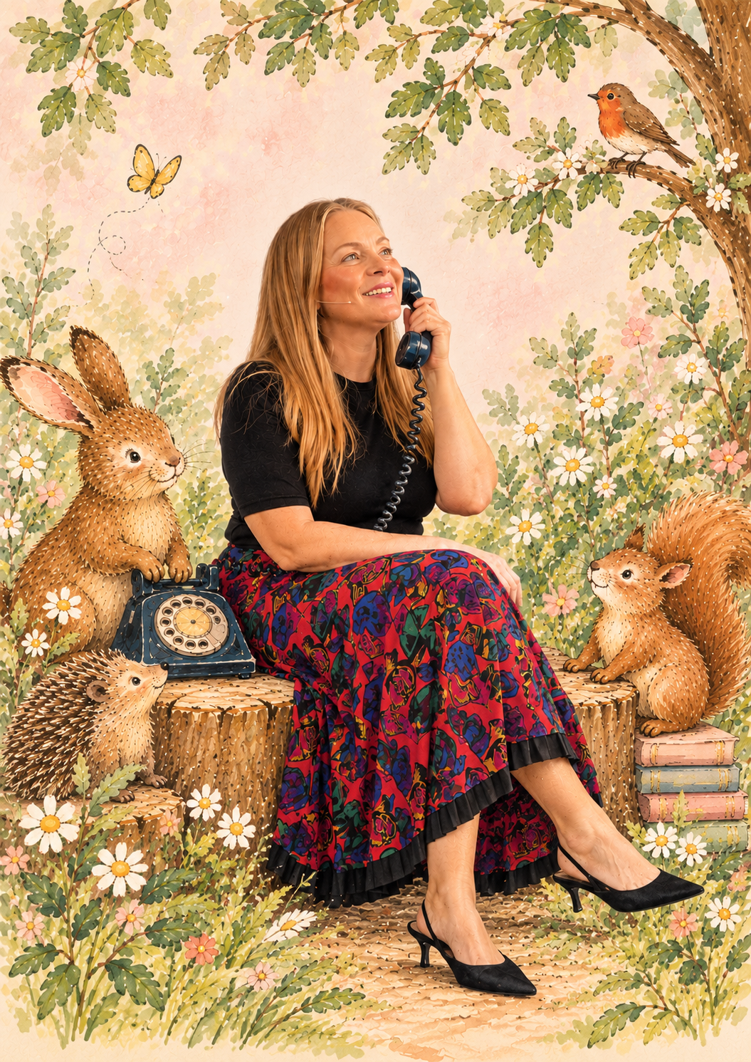Alexandra Chiorando holding a telephone, surrounded by woodland illustrations on the Marmalade contact page.