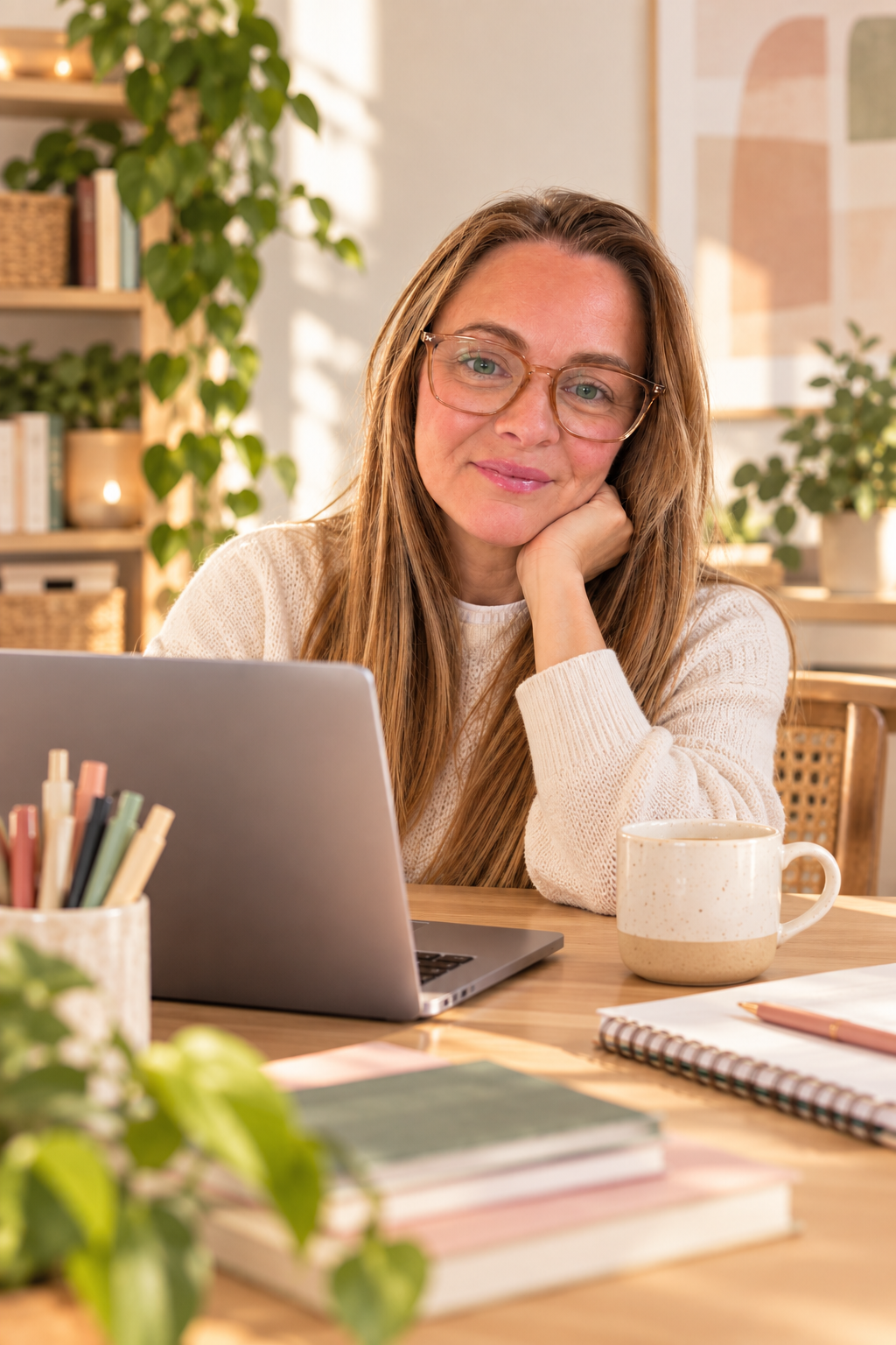 Woman seated at a laptop beside information about Marmalade Academy on-demand early years training.