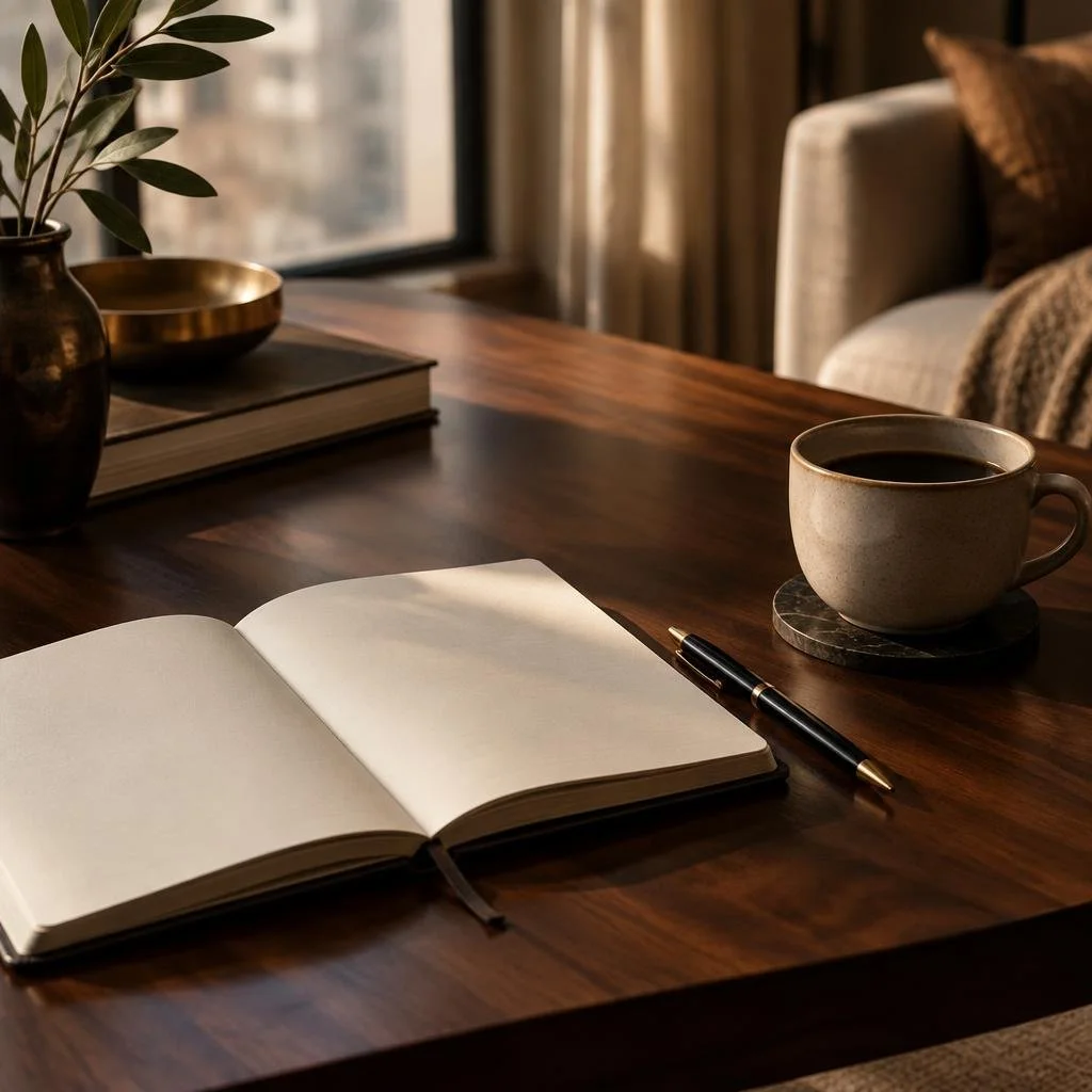 Open journal and coffee on a wooden desk for one-on-one intimacy coaching