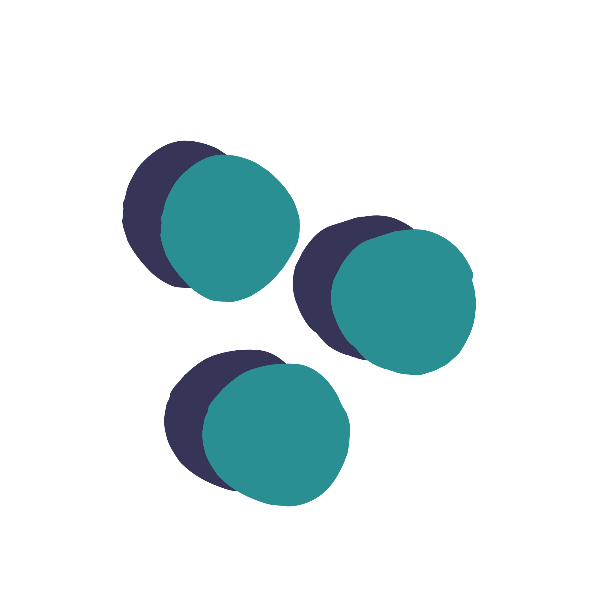 Abstract illustration of three overlapping teal and dark purple circles on a black background