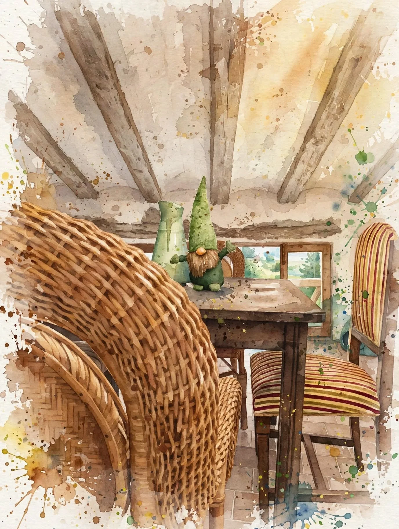 Interior de una sala rústica con paredes de madera y vigas en el techo, una mesa de madera en el centro, sillas de madera con cojines a rayas, y decoraciones con tonos cálidos y naturaleza en la ventana.