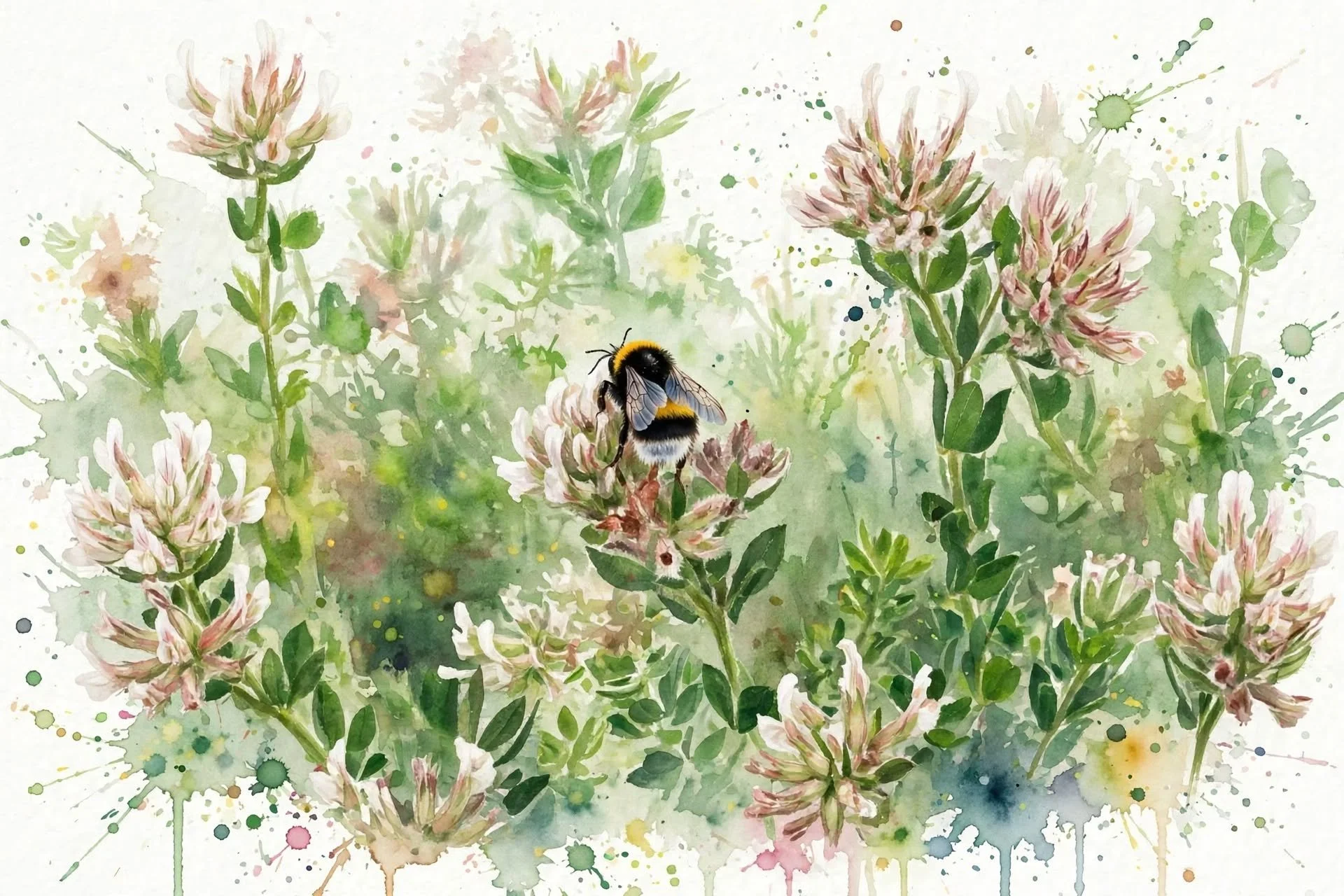 Ilustración artística de flores rosadas y verdes con una abeja en el centro